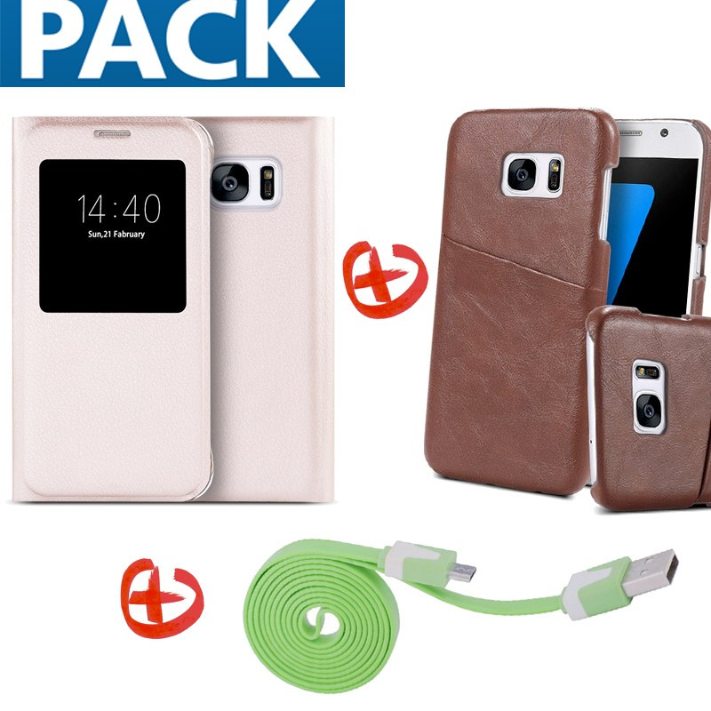 Pack Samsung Galaxy S7 (Coque Vintage + Etui Lychee + Câble microUSB)