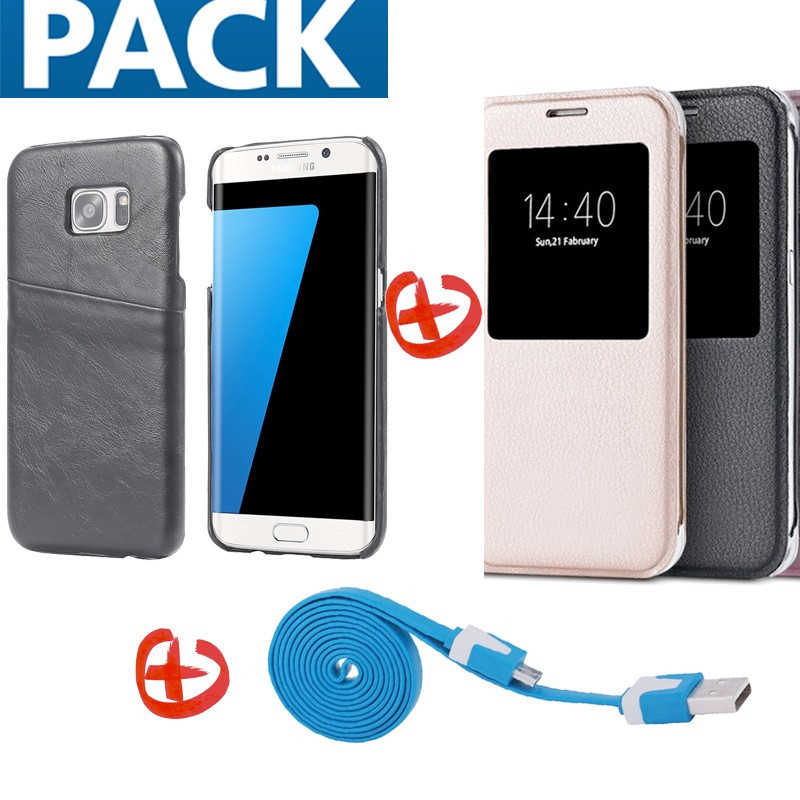 Pack Samsung Galaxy S7 Edge (Coque Vintage + Etui Lychee + Câble microUSB)